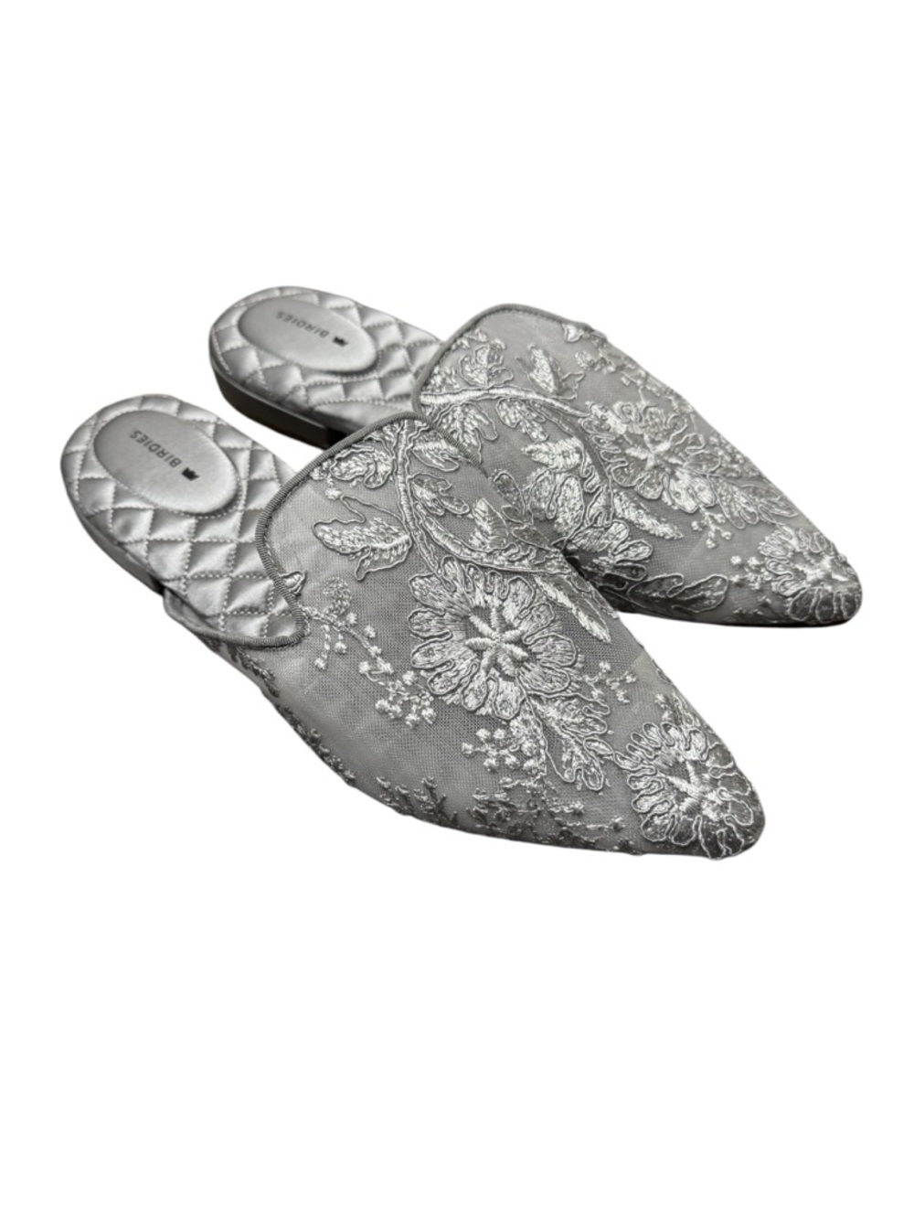 Birdies Dove Embroidered Flower Floral Lace Mules Slip On Shoes Gray Silver 9 - Picture 3 of 13